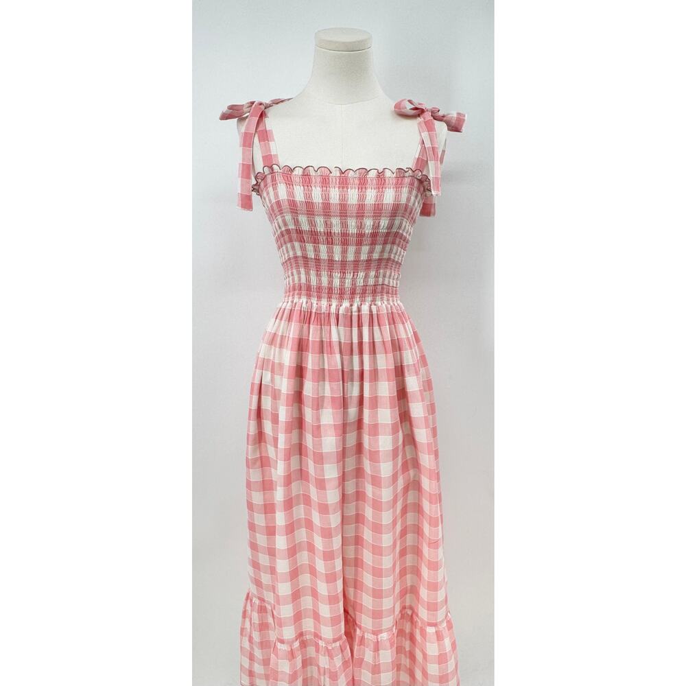 The Great. Lagoon Dress Pink & White Gingham Linen Cotton Smocked Midi S